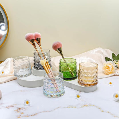 DASITON Glass Makeup Brush Holder Organizer, Diamond Pattern Cosmetic Storage Cup, Makeup Organizer for Vanity, Bathroom Countertop Toothbrush Holder, Desk Pen Pencil Holder (Amber)