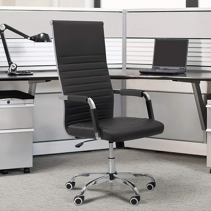 Tuoze Office Chair High Back Leather Desk Chair Modern Executive Ribbed Chairs Height Adjustable Conference Task Chair with Arms (Black)