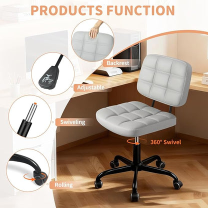 Armless Home Office Desk Chair - Small Swivel Office Desk Chairs with Rolling Wheels - Adjustable PU Leather Computer Chair with Comfy Low Back - For Small Space, Bedroom, Home, Vanity - Light Gray