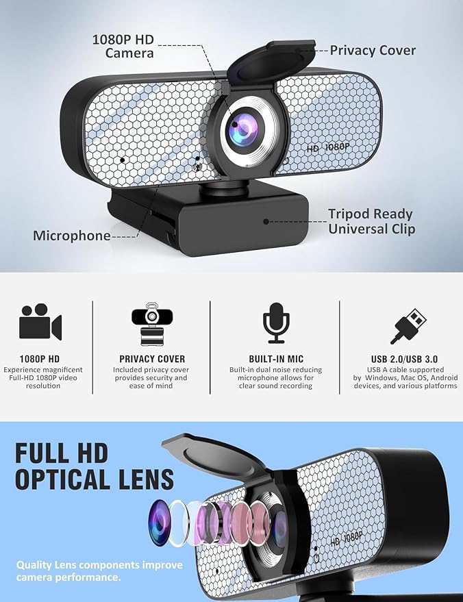 HD 1080P Webcam with Built-in Microphone and Rotatable Tripod, 1080P Video and Wide Angle Camera, Privacy Cover, for Desktop PC or Laptop Computer （White）