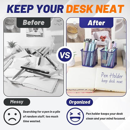 Segarty Pen Holder for Desk, 3 Pack Square Dark Blue Pen Cup Holder, Wire Mesh Pencil Container Set Desktop Organizer for Office Supplies, School, Home Table Accessories, Makeup Brush