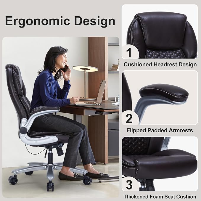 ZLHECTO® Big and Tall Executive Office Chair, PU Leather Swivel Desk Chair with Flip-up Arms, Adjustable Lumbar Support, Space-Saving Height Adjustable Rolling Computer Chair for Home & Office Use