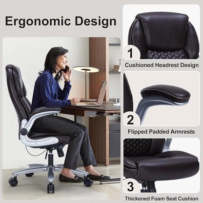 ZLHECTO® Big and Tall Executive Office Chair, PU Leather Swivel Desk Chair with Flip-up Arms, Adjustable Lumbar Support, Space-Saving Height Adjustable Rolling Computer Chair for Home & Office Use