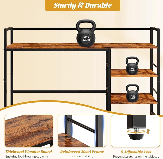 HavenlyYouth Desk Shelf, 45.4 Inch Wood Desk Organizer Shelf for Computer Monitor, Desk Hutch Storage, Desktop Shelf for Top of Desk, 3 Tier Desktop Bookshelf for Home Office Dorm, Rustic