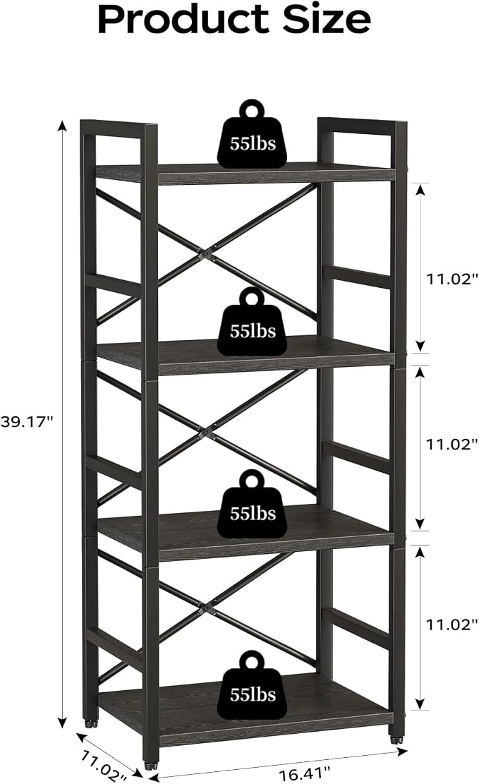 Homeiju Black Bookshelf, 4 Tier Small Bookcase, Black Metal Small Bookcase, Book Shelf Organization and Storage for Living Room, Bedroom, and Home Office