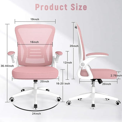 naspaluro Ergonomic Office Chair, Computer Chair with Adjustable Height, Flip-Up Arms and Lumbar Support, Breathable Mesh Desk Chair for Home Study Working (Without Headrest, Pink)