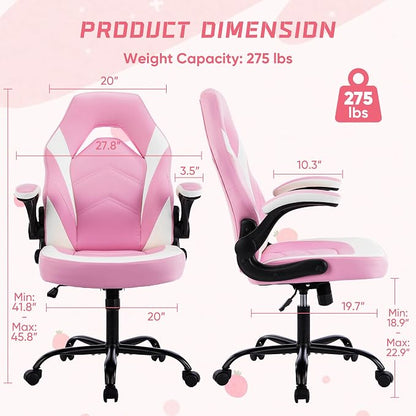 NEWBULIG Gaming Office Computer Chair – Ergonomic Mid-Back with Flip-Up Armrests, Adjustable Height, Lumbar Support & 360° Silent Swivel Wheels, PU Leather for Home/Office, Pink