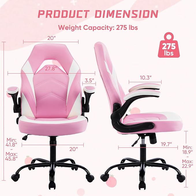 NEWBULIG Computer Gaming Desk Chair - Big Tall Ergonomic Lumbar Support with Flip-up Armrest and 360° Swivel Wheels, PU Leather Height Adjustable, for Home and Office, Pink
