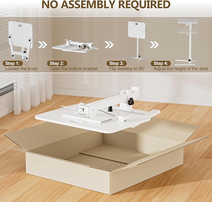25 Inch Mobile Foldable Standing Desk, 180 Tiltable Portable Rolling Laptop Table, Height Adjustable Sit-Stand Desk with Wheels, No Assembly Computer Workstation for Home Office, White