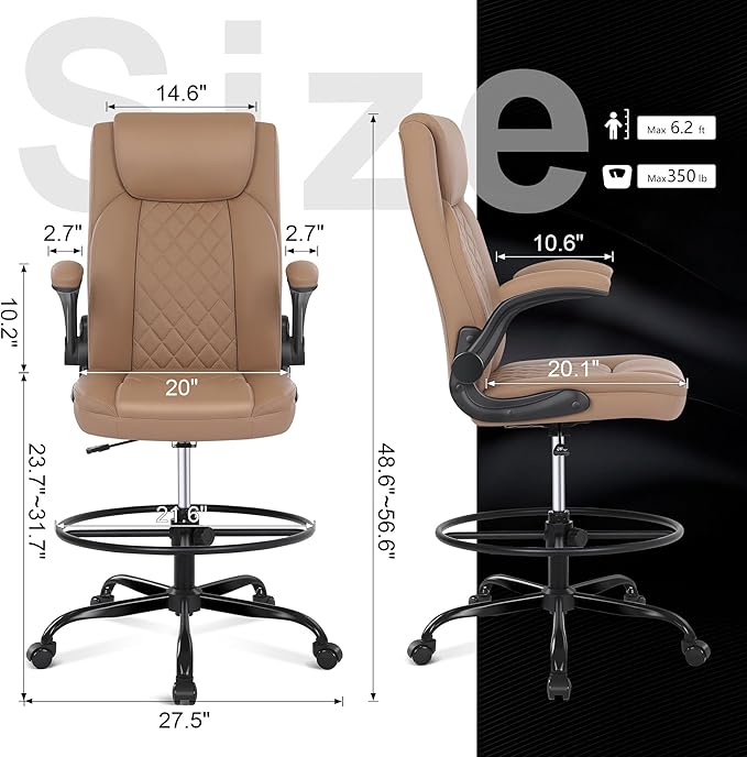 Misolant Drafting Chair, Tall Office Chair for Standing Desk, Standing Chair with Adjustable Height and Flip-up Armrest, Leather Drafting Chair, High Office Chair for Counter Height Desk