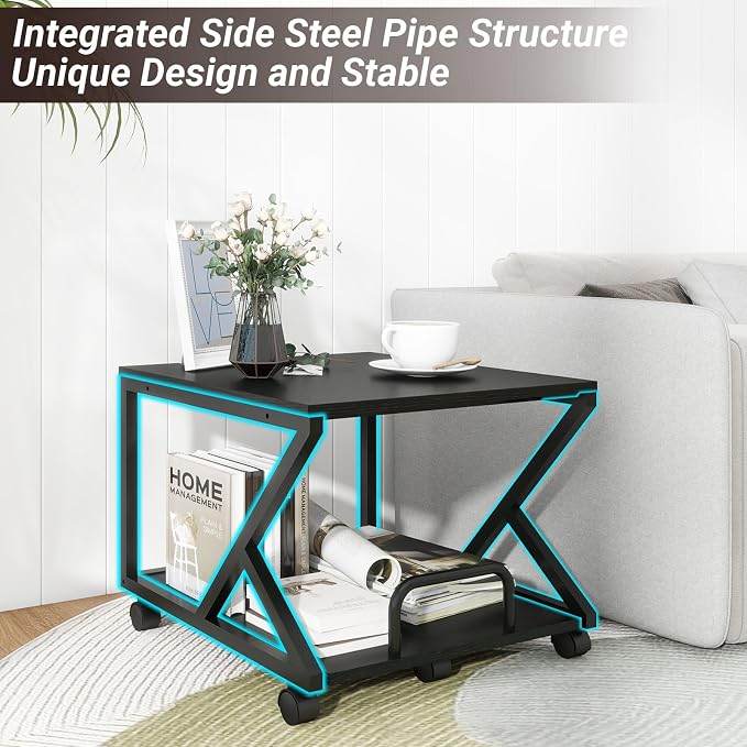 Natwind 2 Tier Printer Stand,19.7''x19.7'',with Pull Out Shelf,Black | Easy Reach for Lower Shelf Items,Rolling Printer Cart with Wheels, Fits Under Desk,Supports 180lbs,for Home Office Kitchen