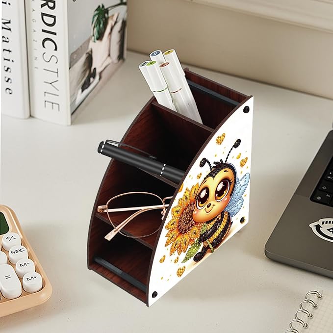 Bee and Sunflower Diamond Painting Organizer – DIY Wooden Multi-Compartment Desktop Storage Box, Rustic Tabletop Craft Kit for Adults Home or Office Use