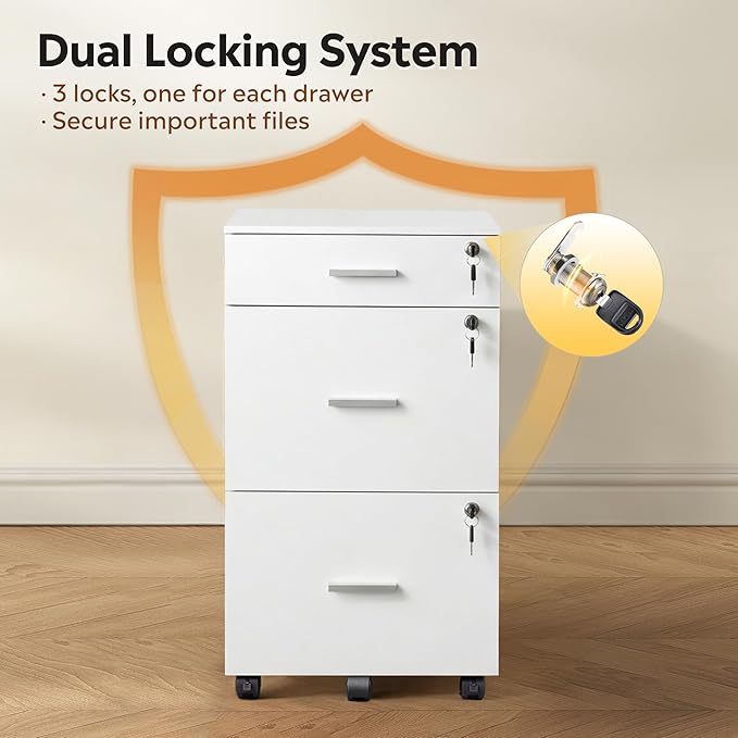 DEVAISE 3 Drawer File Cabinet with Lock & Wheels, Wood Printer Stand, Mobile Filing cabinets for Home Office, Fits Letter/A4 Size, White