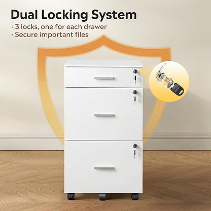 DEVAISE 3 Drawer File Cabinet with Lock & Wheels, Wood Printer Stand, Mobile Filing cabinets for Home Office, Fits Letter/A4 Size, White