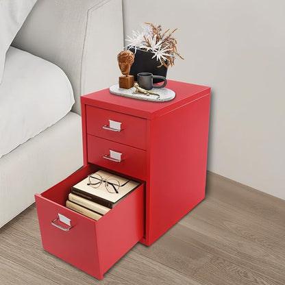 3-Drawer Mobile File Cabinet, Metal Filing Storage Cabinet with Wheels Small Nightstand Under Desk Organizer for Home Office (Red)