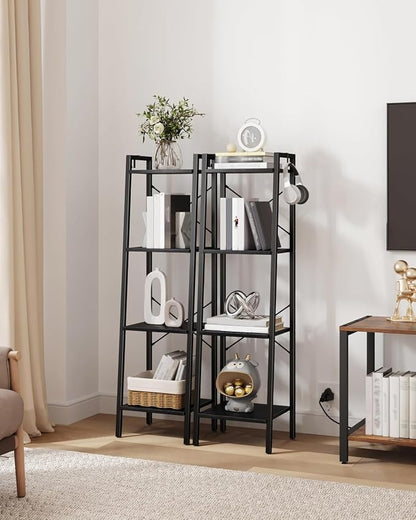 Hzuaneri Ladder Shelf, Bookshelf Bookcase, Freestanding Corner Storage Shelve with 2 Hooks for Home Office, Living Room, Kitchen, Bedroom, Industrial, 11.8" D x 13.4" W x 47.2" H, Black BC13204B
