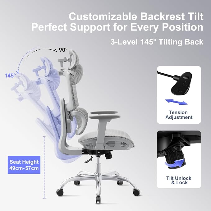 Ergonomic Office Chair with 3D Headrest, Computer Chair with Adjustable Backrest & 3D Armrest, Gaming Chair with Adaptive Lumbar Support, Mesh Backrest & Cushion, Grey