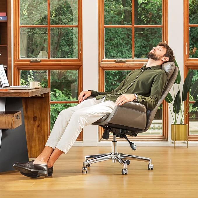 Glitzhome Mid-Century Modern PU Leather Adjustable Swivel High Back Office Chair, Adjustable Task Chair with Lumbar Back Support Executive Swivel Chair(Grey)