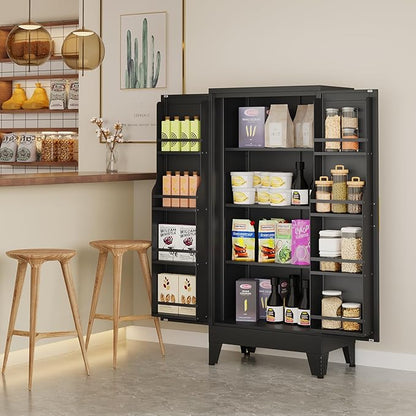White Pantry Storage Cabinet, 48" Kitchen Pantry with Doors and 3 Adjustable Shelves, Metal Freestanding Buffet Cupboards Sideboard, for Office, Home, Garage, School