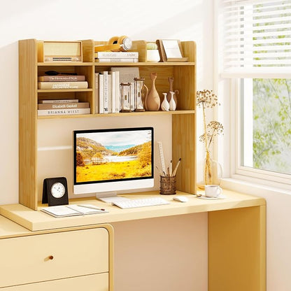 LDAILY 3-Tier Desktop Bookshelf, Wooden Desk Hutch for Computer Monitor Up to 32 Inch, Desk Organizer Shelf with Adjustable Shelf & 6 Storage Shelves, Desk Display Rack for Home Office Dorm(Burlywood)