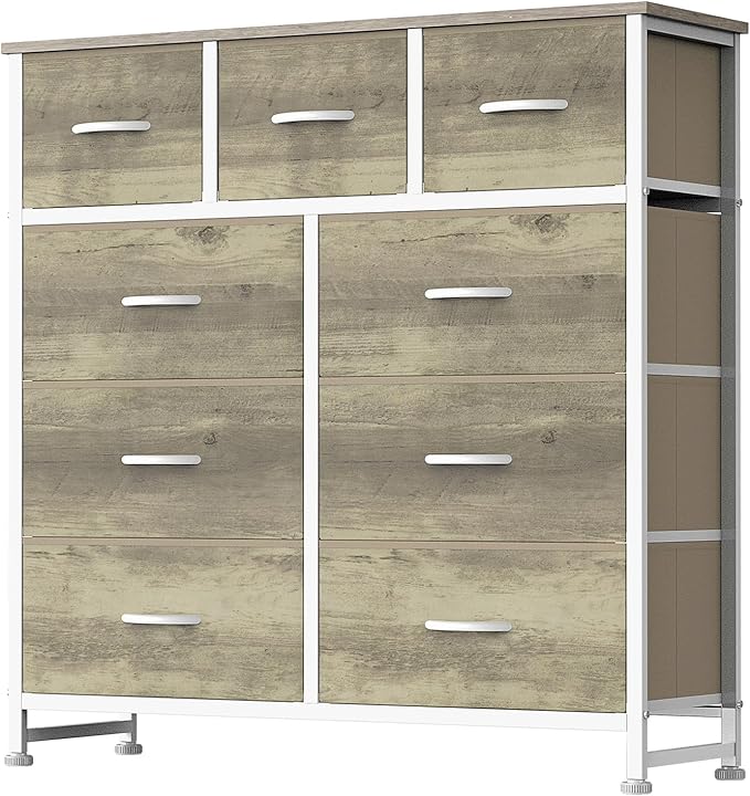 DUMOS Dresser for Bedroom, Storage Organizer with 9 Drawers, Chest of Drawers with Fabric Bins, Sturdy Metal Frame, Wood Tabletop for Guest Room, Closet, Entryway, Oak