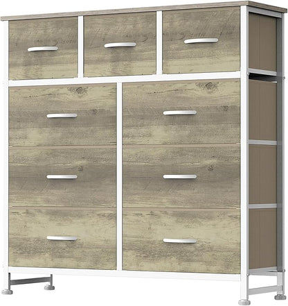 DUMOS Dresser for Bedroom, Storage Organizer with 9 Drawers, Chest of Drawers with Fabric Bins, Sturdy Metal Frame, Wood Tabletop for Guest Room, Closet, Entryway, Oak