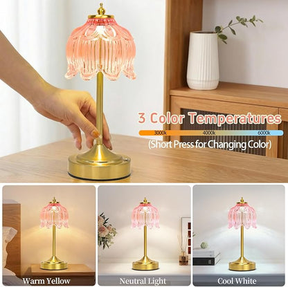 Cordless Lotus Flower Table Lamp, 5200mAh Rechargeable Battery Operated Portable Lamp, 3-Color Dimmable Touch Control Small Desk Lamp for Bedroom, Office, Kitchen, Nightstand,Room Decor (Flower Pink)