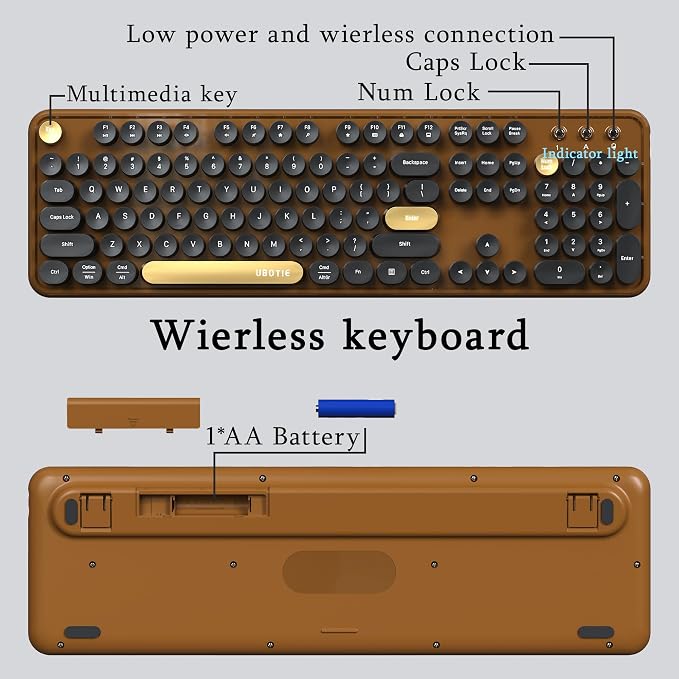 Colorful Wireless Computer Keyboards Mouse Combos, UBOTIE Polychrome Round Keycaps Retro PC Keyboards 2.4GHz Radio Frequency Connection with Optical Mouse(Black Brown)