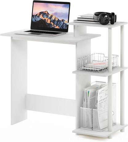 Furinno Efficient 29-Inch White Computer Desk with Side Shelves, Gaming Desk with 3 Open Shelves, Home Office Desk, for Home Office, Study Room, Dorm, Bedroom, Plain White