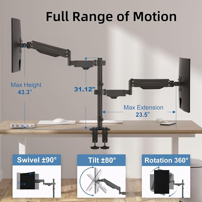 Suptek Dual Monitor Mount Stand-Height Adjustable Gas Spring Monitor Arm Desk Mount for 2 Computer Screens 17 to 32 inches - Each Arm Holds up to 22lbs (MD8822)
