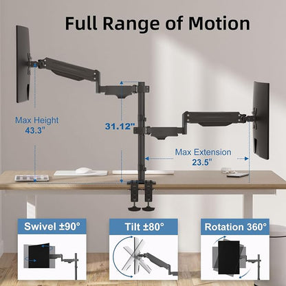 Suptek Dual Monitor Mount Stand-Height Adjustable Gas Spring Monitor Arm Desk Mount for 2 Computer Screens 17 to 32 inches - Each Arm Holds up to 22lbs (MD8822)