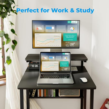 GreenForest Folding Desk with Adjustable Monitor Stand, 24.8 in Small Desk | Storage Shelf, Lockable Wheels, Portable, Space Saving, Mobile Rolling Table for Small Spaces, Home Office, Writing, Black