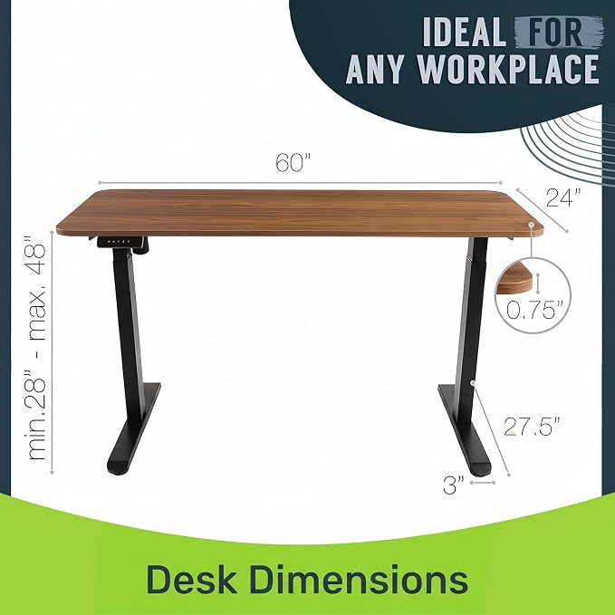 TechOrbits Electric Standing Desk Frame 60 x 24 Inch Tabletop - Motorized Workstation Two Leg Stand Up Desk with Memory Settings and Telescopic Sit Stand Height Adjustment (Black Frame/Wood BrownTop)