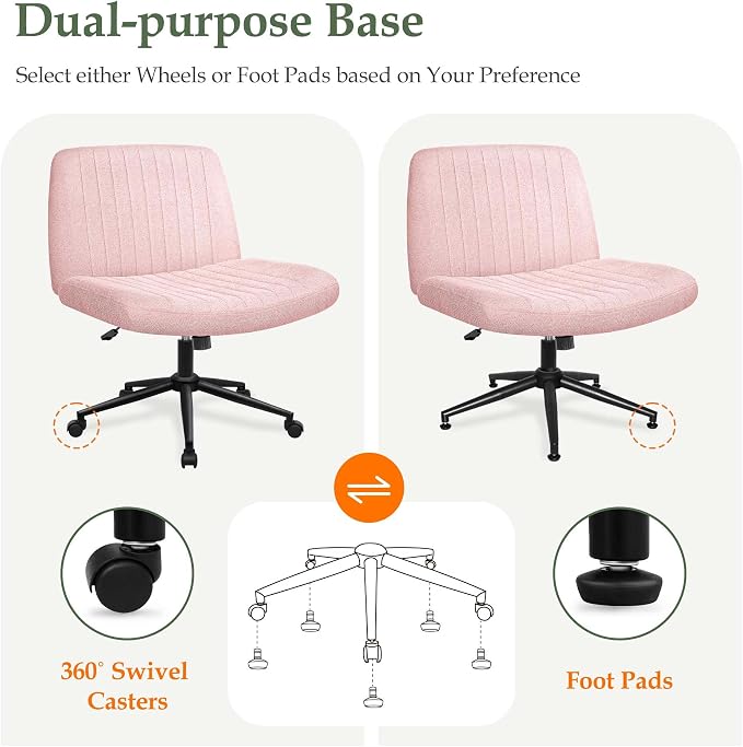 Orange Factory Criss Cross Chair Wheels Wide Cross Legged Office Desk Vanity Dual Base Comfy Fabric Armless Adjustable Swivel for Home Computer Task (Pink Dual Base, Fabric)