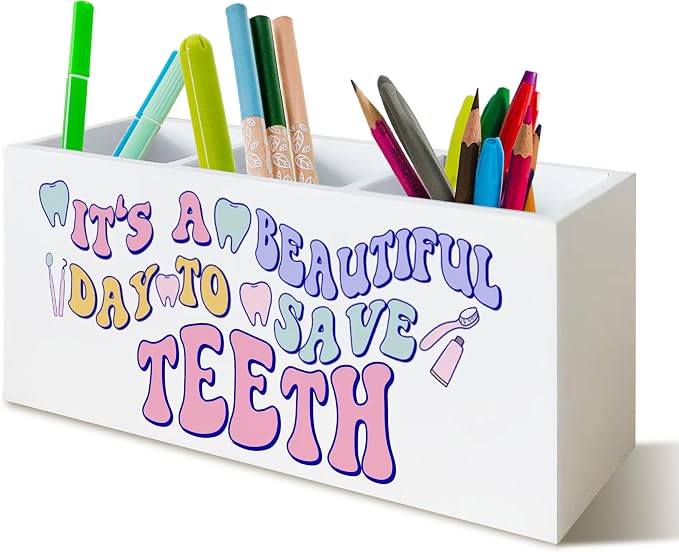 Dentist Pen Holder for Dental Office Decor, Dentist Gifts for Women It's a Beautiful Day to Save Teeth Wooden Pen Pencil Holder Organizer for Dental Office Desk Accessories