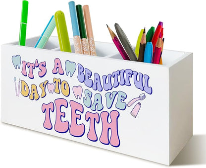 Dentist Pen Holder for Dental Office Decor, Dentist Gifts for Women It's a Beautiful Day to Save Teeth Wooden Pen Pencil Holder Organizer for Dental Office Desk Accessories