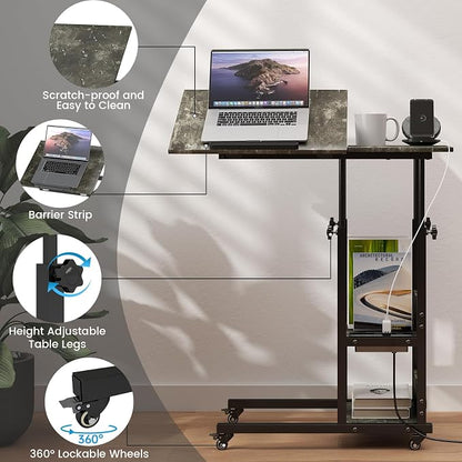 Hadulcet Adjustable C Table with Charging Station, Tiltable Desk C Shaped End Table for Couch, Over Bed Table with Wheels Adjustable Height, Laptop Stand Drawing Desk, Marble Grey