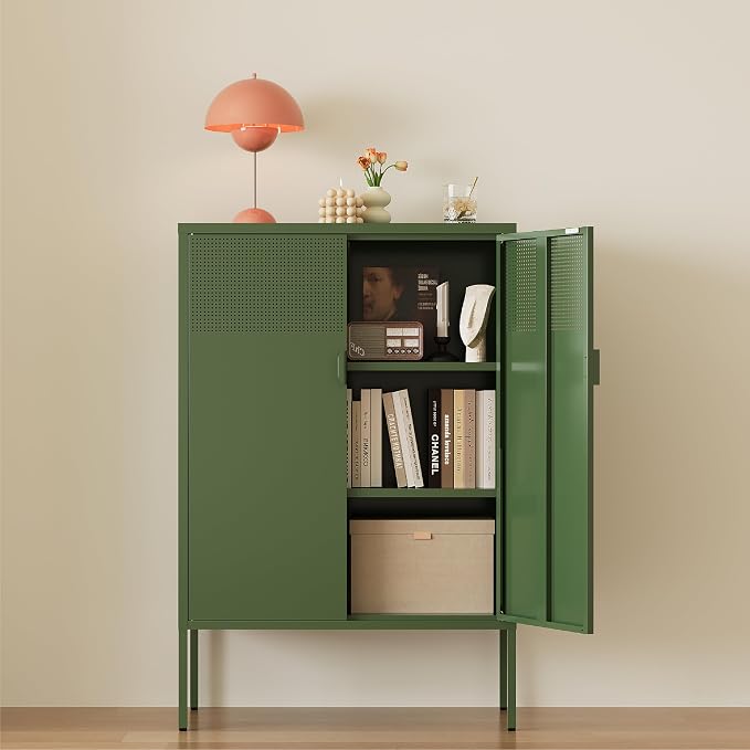 Metal Storage Cabinet,2 Door TV Stand, Metal Mesh Accent Cabinet,Magnetic Door Closure,Low Storage Cabinets with Doors and Shelves