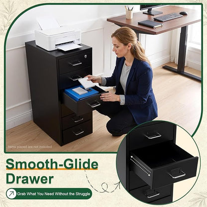 6 Drawer Vertical File Cabinet with Lock, Metal Movable Office Storage Cabinet, Under-Desk File Cabinet with Wheels, for Home Office Use (Black)