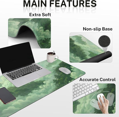 Britimes Green Cloud Keyboard Mouse Pad Set Forest Mountain Aesthetic 4in1 Large Mousepad+Keyboard Wrist Rest+Mouse Wrist Rest+Coaster Ergonomic Design for Home Office Computer 35.4x15.7 inches