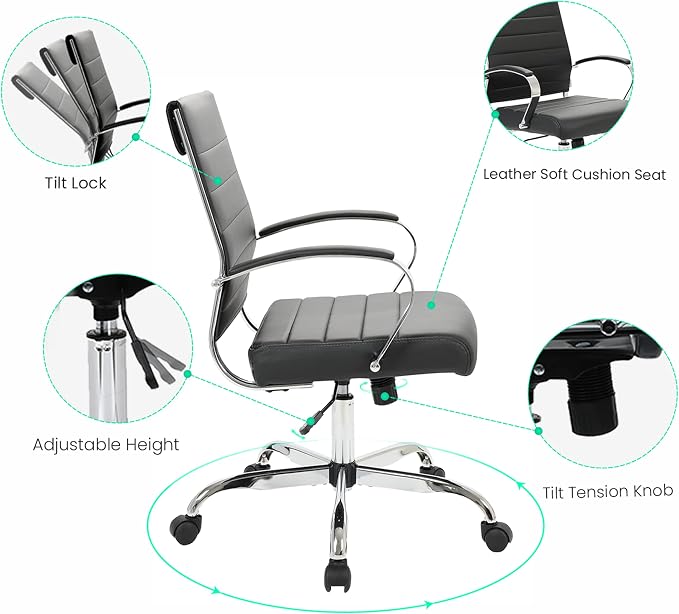 LeisureMod Benmar Leather Office Desk Chair, Mid-Back Ergonomic Swivel Chair with Lumbar Support, Adjustable Height, Tilt Lock, Cushioned Seat & Back, Home Office Task Chair (Black, Single)