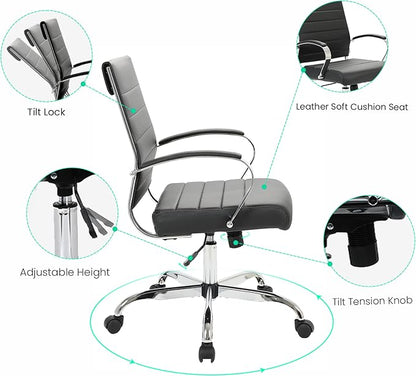 LeisureMod Benmar Leather Office Desk Chair, Mid-Back Ergonomic Swivel Chair with Lumbar Support, Adjustable Height, Tilt Lock, Cushioned Seat & Back, Home Office Task Chair (Black, Single)