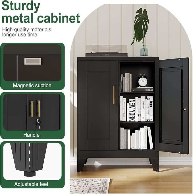 Black Metal Storage Cabinet, 36" Tall Locking Storage Cabinet with 2 Adjustable Shelves, Steel Locker Organizer, for Office, Home, School, 11.81" D x 23.62" W x 35.83" H, 2PS