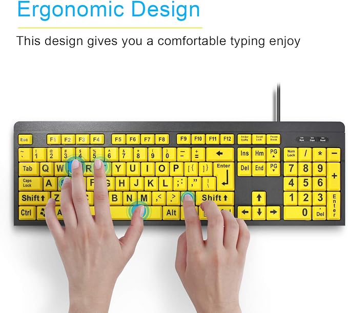 BOOGIIO Large Print Computer Keyboard, Wired USB High Contrast Keyboard with Oversized Print Letters for Visually Impaired Low Vision Individuals (Yellow+Black)