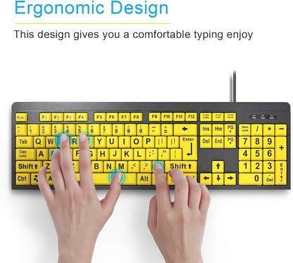 BOOGIIO Large Print Computer Keyboard, Wired USB High Contrast Keyboard with Oversized Print Letters for Visually Impaired Low Vision Individuals (Yellow+Black)