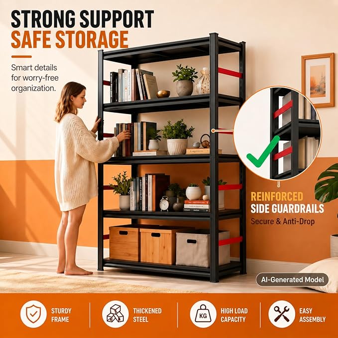 Bolt-Free Metal Bookshelf, Adjustable Tall Bookcase with Anti-Drop Fence, Heavy Duty Deep Book Shelf, Large Office Bookshelf, Modern Storage Shelves for Bedroom, LivingRoom, Garage