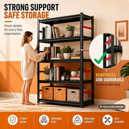 Bolt-Free Metal Bookshelf, Adjustable Tall Bookcase with Anti-Drop Fence, Heavy Duty Deep Book Shelf, Large Office Bookshelf, Modern Storage Shelves for Bedroom, LivingRoom, Garage