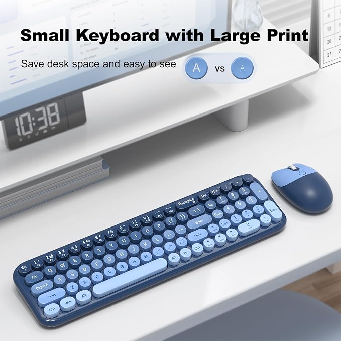 MOFII Wireless Keyboard and Mouse Combo, Compact Typewriter Retro Round Computer Keyboard and Mouse Set, Plug and Play, for Windows, Computer, Desktop, PC, Notebook - (Sea Blue Gradient)
