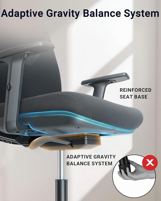 HYLONE Ergonomic Office Chair with Adaptive Gravity Balance Recline, High Back Mesh Chair with Adjustable Headrest & Lumbar Support, X-Frame Structure, Comfortable Big and Tall Home Office Chair