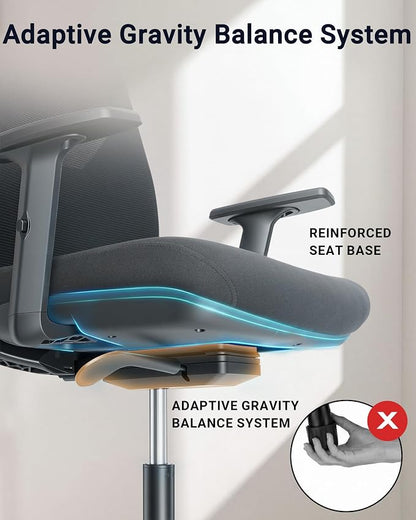 HYLONE Ergonomic Office Chair with Adaptive Gravity Balance Recline, High Back Mesh Chair with Adjustable Headrest & Lumbar Support, X-Frame Structure, Comfortable Big and Tall Home Office Chair